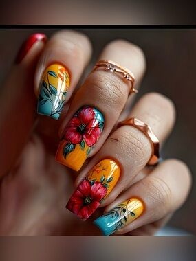 🌺 24 Pcs Tropical Hibiscus Flower Medium Square Style Press on Nails Fake Nails